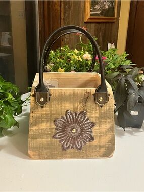 Rustic 6” Wooden Flower Tote Bag Planter with Black Handles